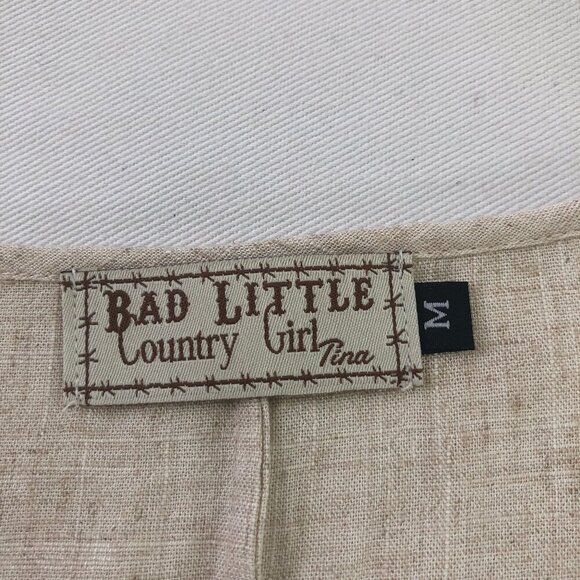 Bad Little Country Girl Tina Linen Blend Dress Crochet Fringe Hem Medium Boho - Picture 2 of 10